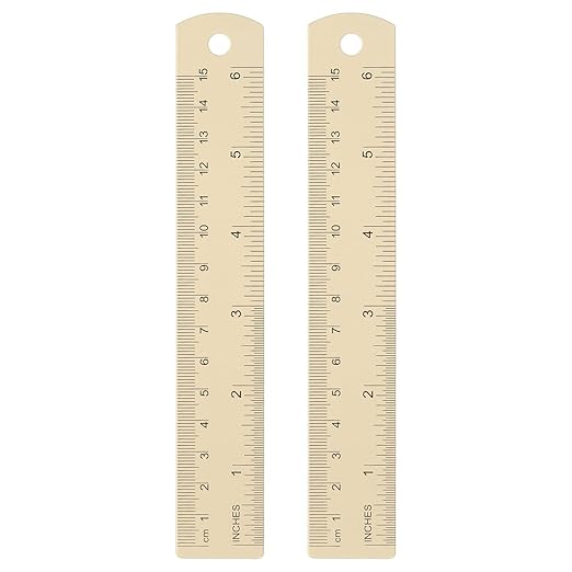HARFINGTON 2pcs Metal Straight Ruler 15cm Metric SAE Aluminum Alloy Measuring Rulers Scale Tool with Hole for Measure Study Reading Classroom Office, Beige