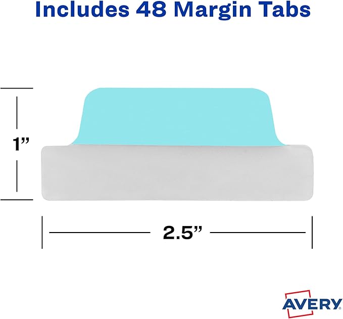 Avery Margin Ultra Tabs, 2.5" x 1", 2-Side Writable, Assorted Pastel Colors, 48 Repositionable Tabs (74867)