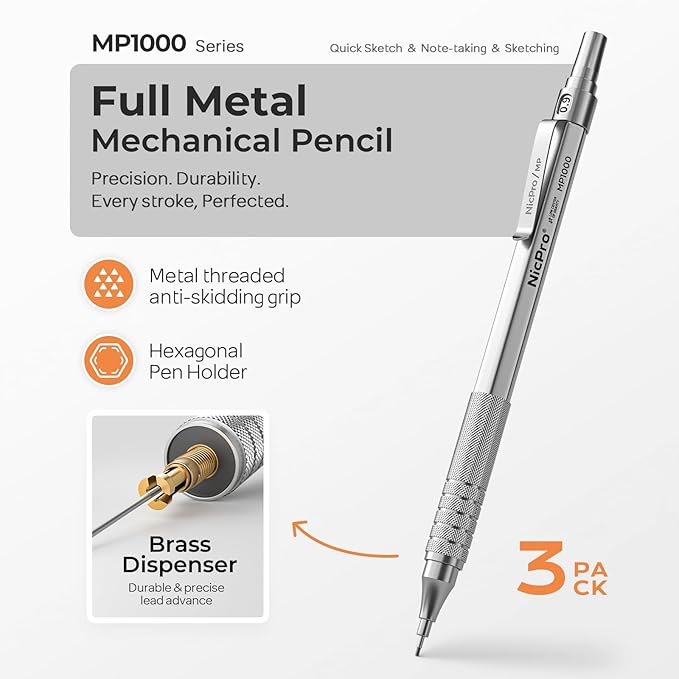 Nicpro 0.9 mm Metal Mechanical Pencil Set with Case, with 3PCS MP1000 0.9mm Drafting Pencil, 8 Tubes HB Lead Refills, 3PCS Eraser, Erasers Refills for Artist Writing, Drawing, Sketching, Silver