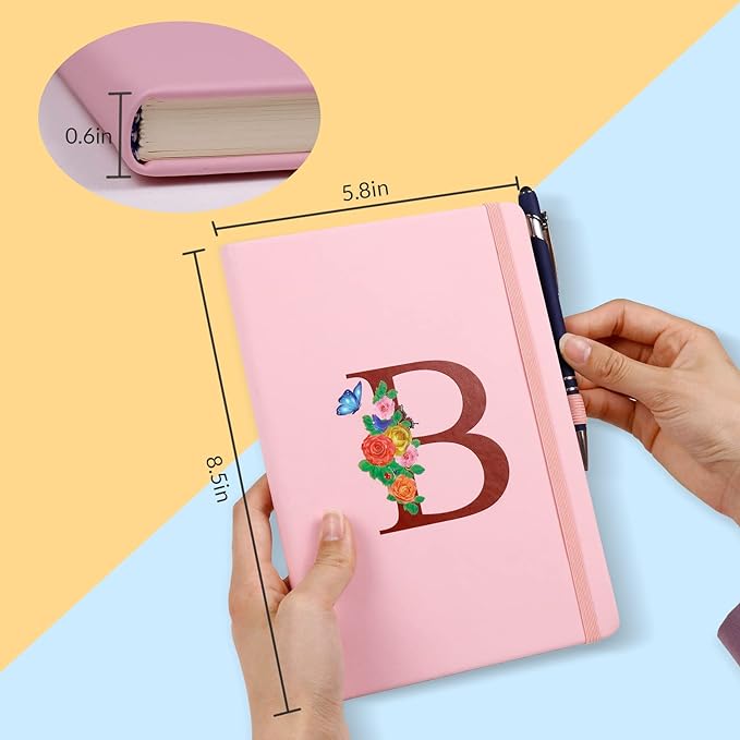 Pink Notebook for Women, 5.7"X8.3" A5 Journal Notebook with Letter K, Dual-Sided Writing Notebook with Dividers, Cute Leather Journal for Work, Business, School, Meetings, Travelers, Small Notebook