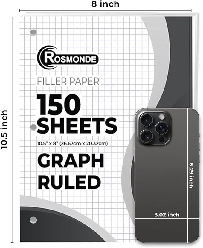 24 Pack Graph Paper Bulk, 3600 Sheets, Bulk Loose Leaf Paper, 4x4 Grid Paper, 8" x 10.5", Quad Ruled Bulk Filler Paper, 54 GSM, 3 Hole Punched for Binders, Bulk Graphing Paper, Bulk Paper