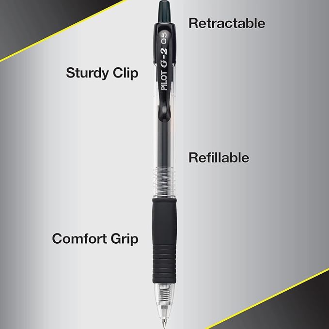 G2 Retractable Premium Gel Ink Roller Ball Pens Extra Fine Point (.5mm) Black/Blue Ink 12 pack; Refillable & Premium Comfort Grip Bundle with Plastic Reusable Pouch