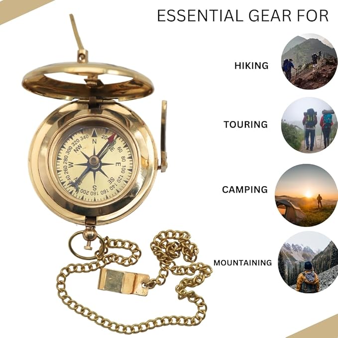 Vintage Brass Sundial Compass with Leather Case - Antique Brass & Copper Sun Clock for Camping, Hiking, Touring - Engraved Gift for Him - Nautical Ship Replica Watch - Sundial Clock in Box