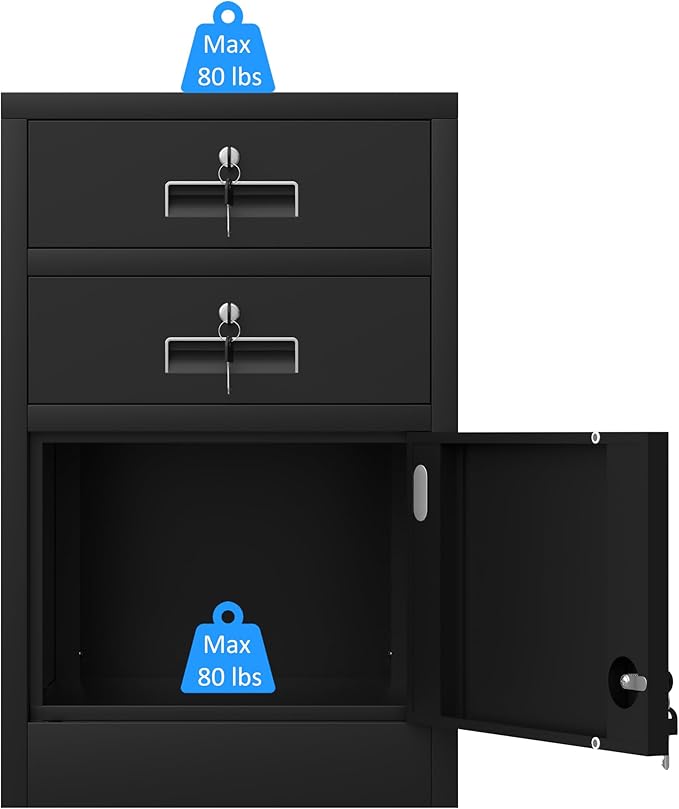 Metal Storage Cabinet with Locking Door and 2 Lockable Drawers for Home Office Bedroom Living Room (Black)