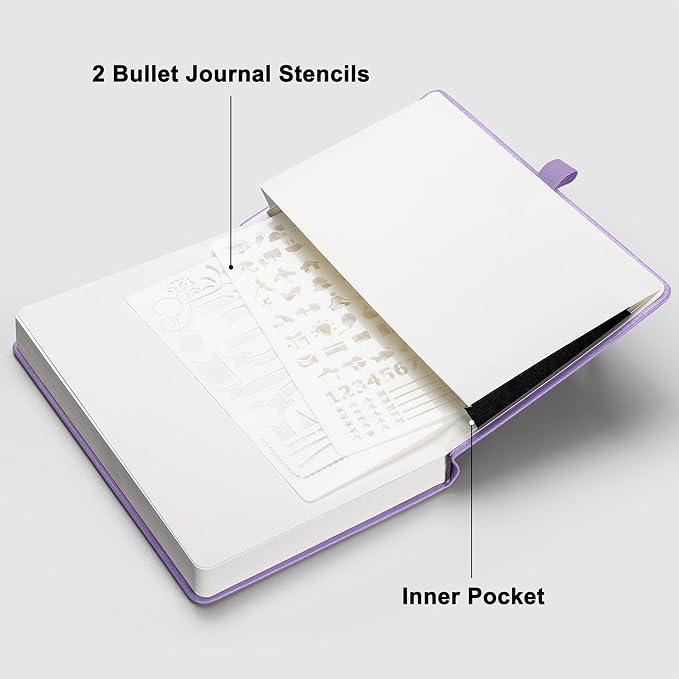 RETTACY Bullet Dotted Journal Notebook, 192 Pages, A5 Medium Size (5.7'' x 8.3''), Leather Hardcover, 100 GSM Thick Paper, for Bullet Journaling, Planning, Tracking (Purple)