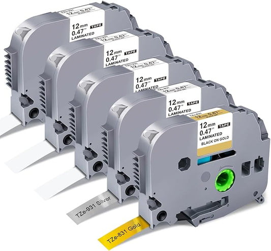 5-Pack Label Maker Tape 12mm 0.47 Inch Laminated White/Gold/Silver Muti-Color Replace for Brother TZe TZ Tape TZe-231 TZe-831 TZe-931 Compatible with Brother P-Touch PT- D210 D220 H110 D400AD