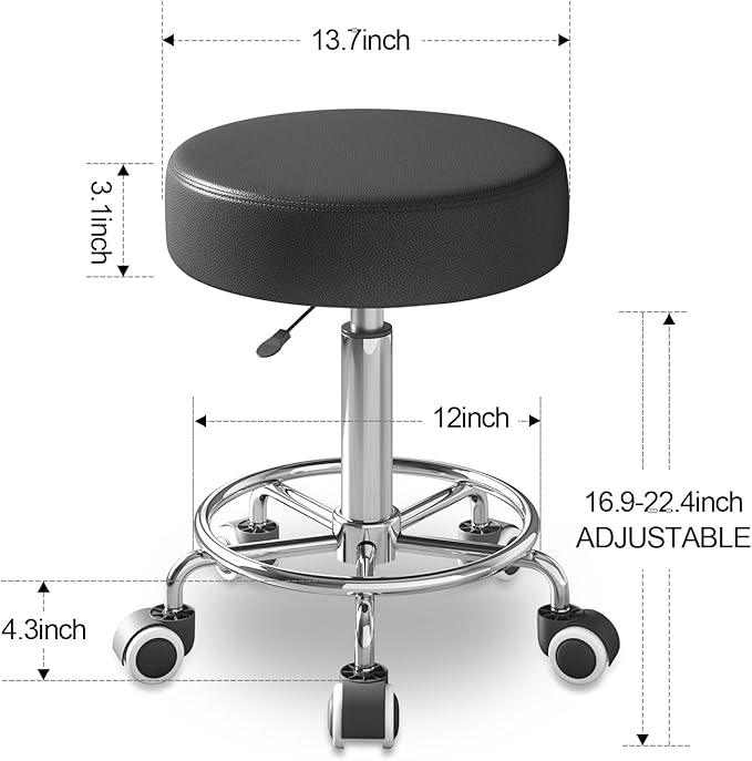 Rolling Stool, Heavy Weight Capacity 250lb, PU Leather Rolling stools, Ultra Soft Padded Seat, Rolling Stools with Wheels and Footrest, 360° Swivel, Spa Drawing Salon Work Office Tattoo Stool (black)