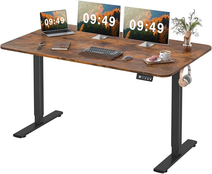 Furmax Electric Height Adjustable Standing Desk Large 55 x 24 Inches Sit Stand up Desk Home Office Computer Desk Memory Preset with T-Shaped Metal Bracke, Brown