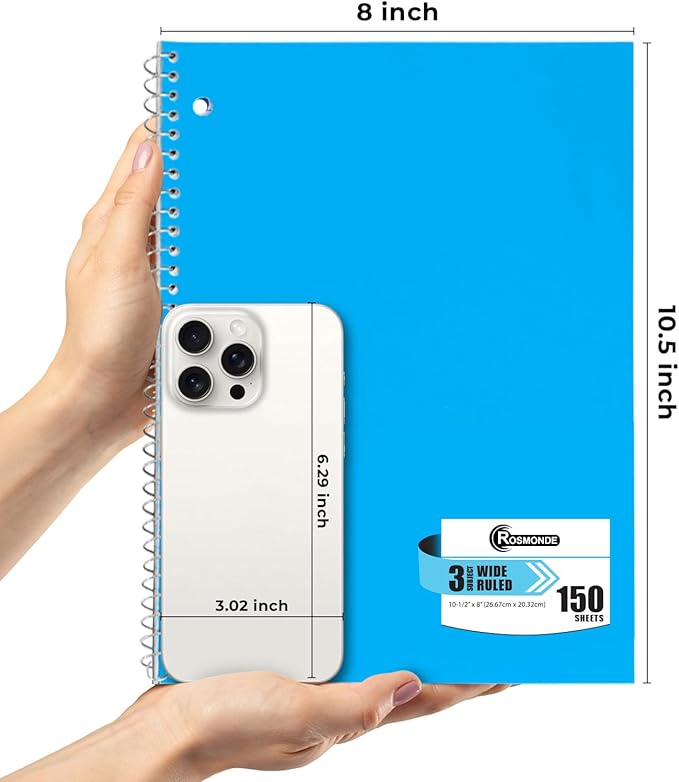 3 Subject Notebook Wide Ruled, 6 Pack, Long Lasting, Extra Pages - 300 Pages (150 Sheets), No-Bleed Thick Paper, 3 Hole Punched, 8x10-1/2, 3 Subject Spiral Notebook for School, Home & Office