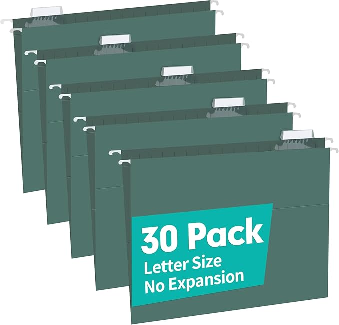 HERKKA Extra Capacity Hanging File Folders, 30 Pack Reinforced Letter Size Hanging Folders with Heavy Duty 0 Inch Expansion, Designed for Bulky Files, Green