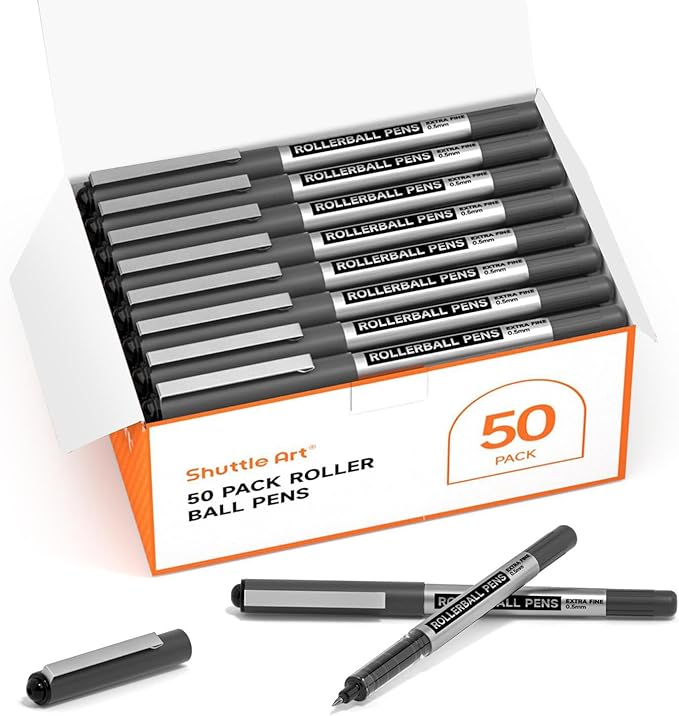 Shuttle Art RollerBall Pens, 50 Pack Black Fine Point Roller Ball Pens, 0.5mm Liquid Ink Pens for Writing Journaling Taking Notes School Office
