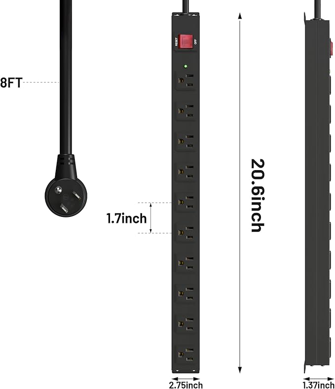 KF 10 Long Power Strip, Heavy Duty Surge Protector with 2100J, 15A/1875W Wall Mount Power Strip with Upgraded Switch, 14AWG 8FT Cord