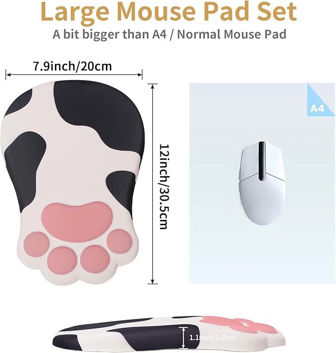 Ergonomic Mouse Pad with Wrist Rest,Cute Cat Paw Mousepad Wrist Support,Comfortable Massage Design Computer Pain Relief Mouse Pad with Non-Slip PU Base for Desk Laptop Gaming,Cow
