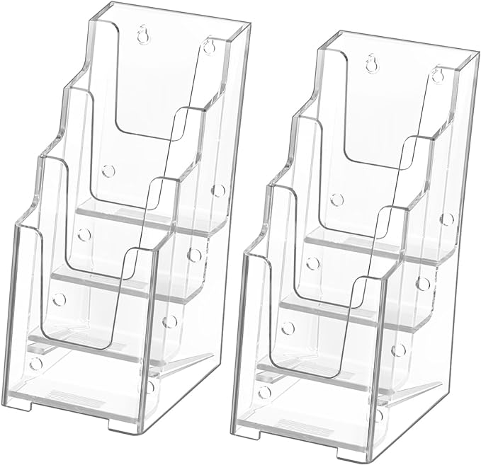 MaxGear Acrylic Brochure Holder, 4-Inch Wide 4 Tier Clear Literature Holder Premium Acrylic Pamphlet Holder Multi Pocket Brochure Display Stand, Wall Mount or Counter Top Use(2 Pack)