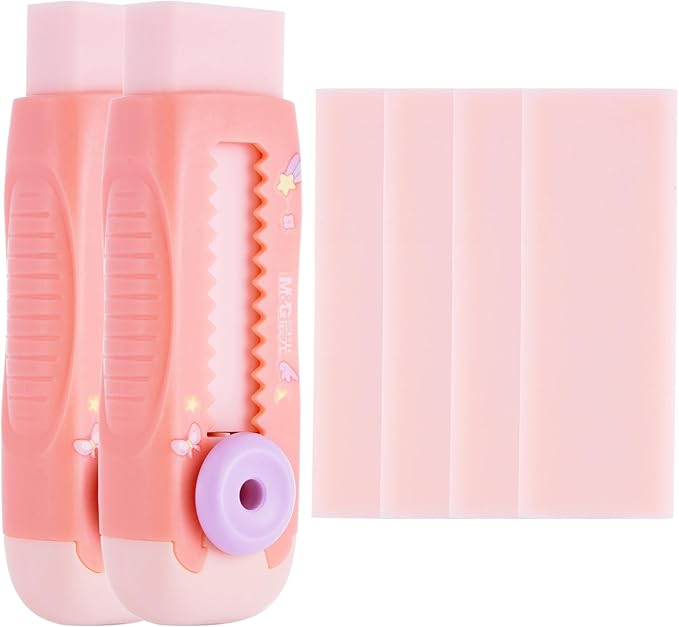 M&G 2+4 Pack Rubber Erasers Sliding Retractable Eraser, 2 Pack Cute Erasers Push Pull Large Pencil Eraser with Plastic Sleeve and 4 Refill Erasers for Students, School Office Supplies (Pink Unicorn)