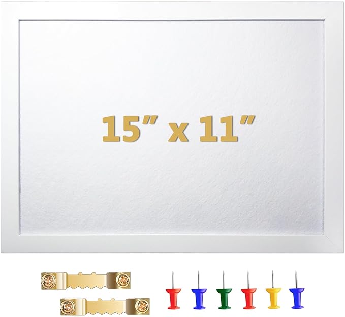 White Cork Board Bulletin Board, Pin Board Wood Framed Display with Felt, Cork Boards for Walls, Jewelry, Notes, Photos, Home, Kitchen, Office, School, 15"x11", Wood Framed(White) & Felt(White)