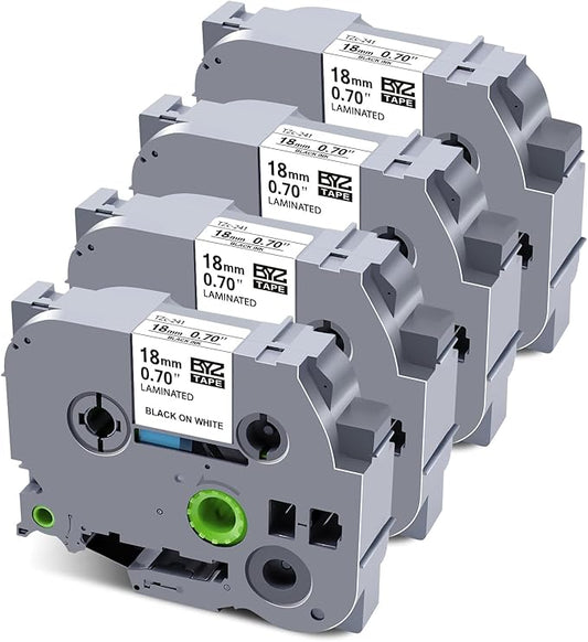 4PK Replacement for Brother TZe-241 Ptouch Label Tape 18mm 0.7 Laminated Tape for Brother PTD400 PTD410 PTD600, Black on White