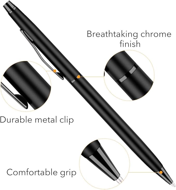 Unibene Slim Metallic Retractable Ballpoint Pens - Matte Black, Nice Gift for Business Office Students Teachers Wedding Christmas, Medium Point(1 mm) 6 Pack-Black ink