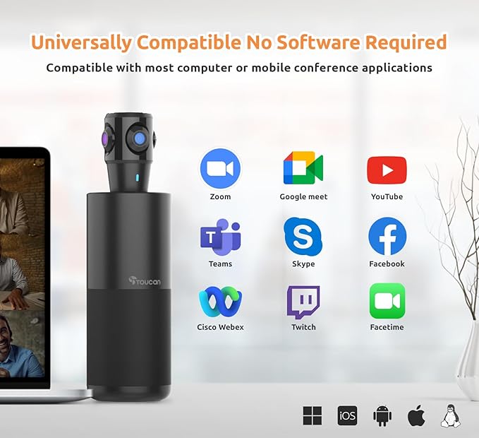 TOUCAN 360-Degree Video Conference Camera, 1080p HD Webcam with 4 Noise Reduction Mics, Speaker, AI Tracking, Works with Zoom, Google Voice, Microsoft Teams and More, for PC/Mac/Tablet