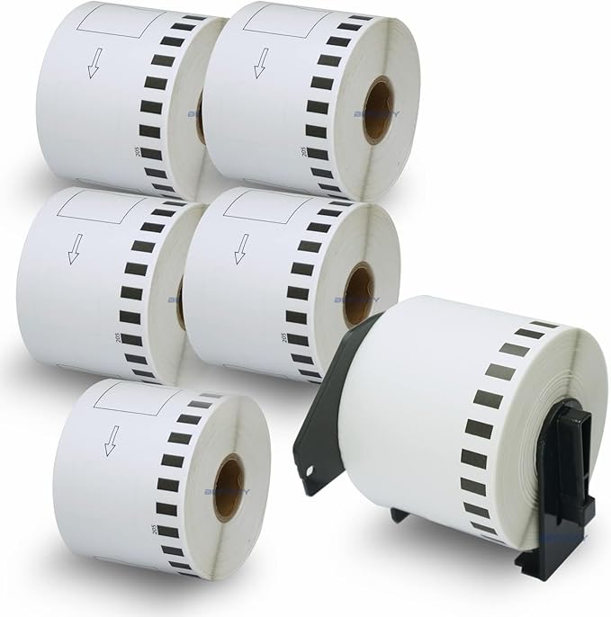 BETCKEY - Compatible Continuous Labels Replacement for Brother DK-2205 (2.4 in x 100 ft), Use with Brother QL Label Printers [6 Rolls + 1 Reusable Cartridge]