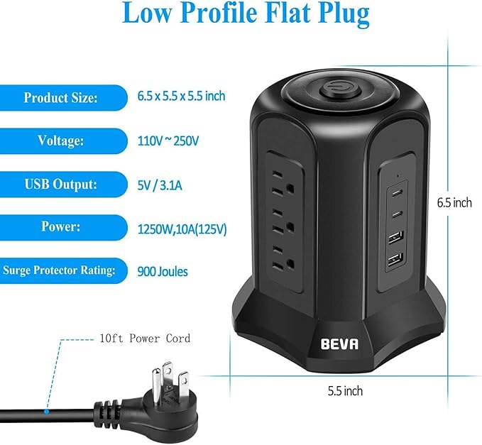Power Strip Tower Surge Protector BEVA 10ft Flat Plug Desktop Charging Station 9 AC Outlets 4 USB Ports, 900 Joules, Long Extension Cord for Home Office Appliances Smartphones Computer Tablets(Black)