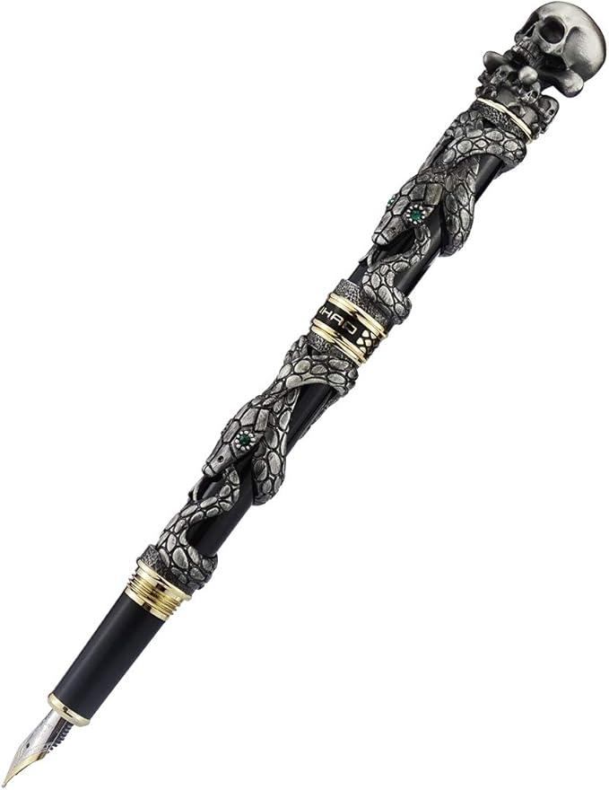 Jinhao Black Snake Fountain Pen Medium Nib Retro Style with Skull Head Solid Metal and Paper Pen Case Set