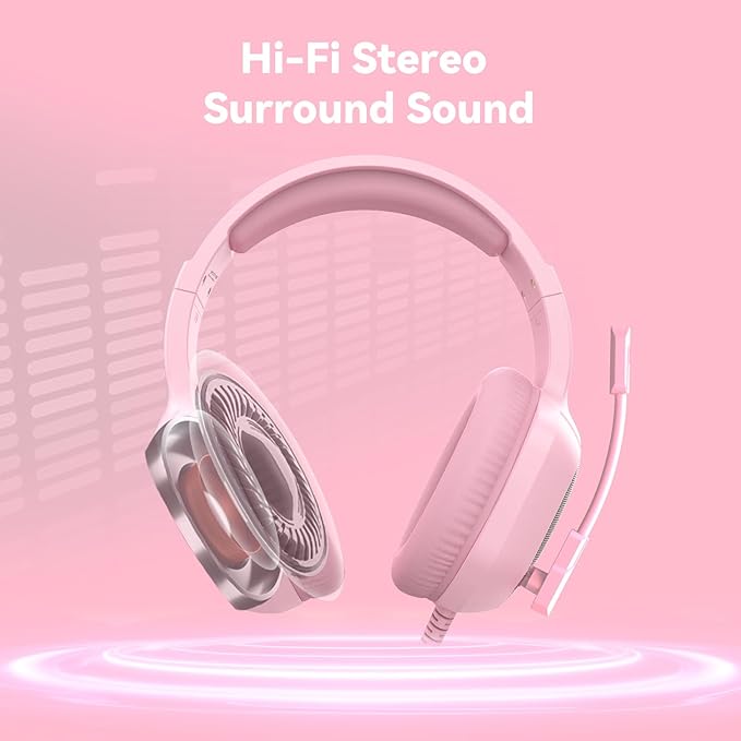 Gaming Headset with Microphone for Pc, Xbox One Series X/s, Ps4, Ps5, Switch, Stereo Wired Noise Cancelling Over-Ear Headphones with Mic, RGB, for Computer, Laptop, Mac, Nintendo, Gamer (Pink)