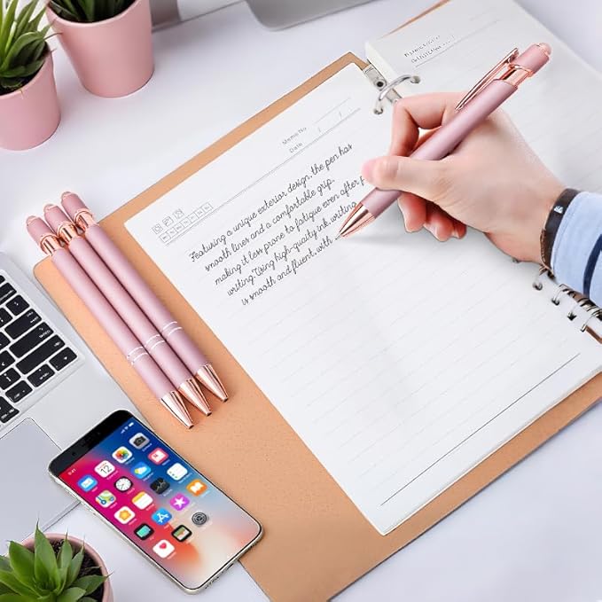 8 Pack Rose Ballpoint Pen with Stylus Tip, Metal Stylus Pens for Touch Screens, 1.0 mm Black Ink