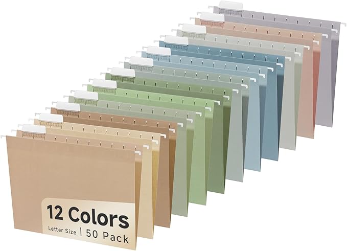 50pcs Decorative Hanging File Folders,Filing Cabinet, Letter Size with 1/5-Cut Adjustable Tab Durable 12 Color Assorted, 50 pcs Per Box,Cute,Color,Pink,Pastel