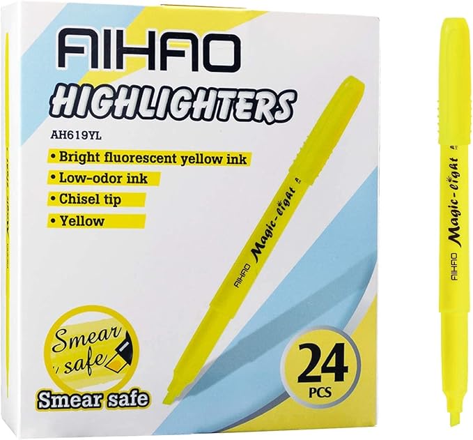 AIHAO Yellow Highlighters Markers, Chisel Tip Highlighter Pens, Pocket-Style, Fluorescent Yellow, 24 Pack