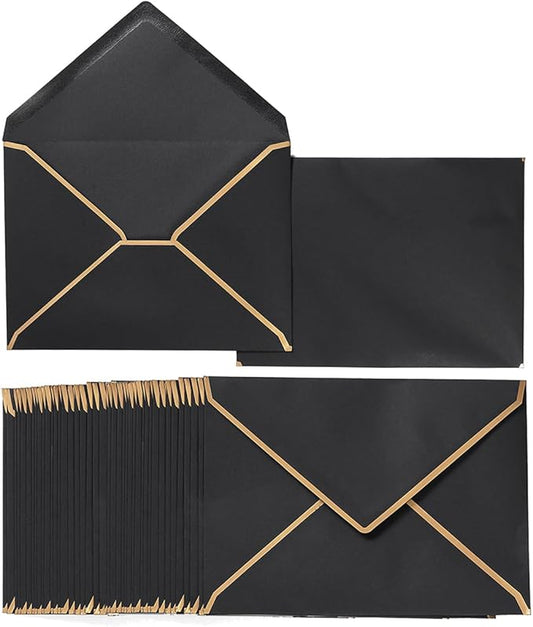 50 Pack A4 Envelopes Black 4x6 Self-Adhesive V Flap Envelopes with Gold Border for Office, Wedding Gift Cards, Invitations, Graduation, Baby Shower, Parties (4.25x6.25 inches)