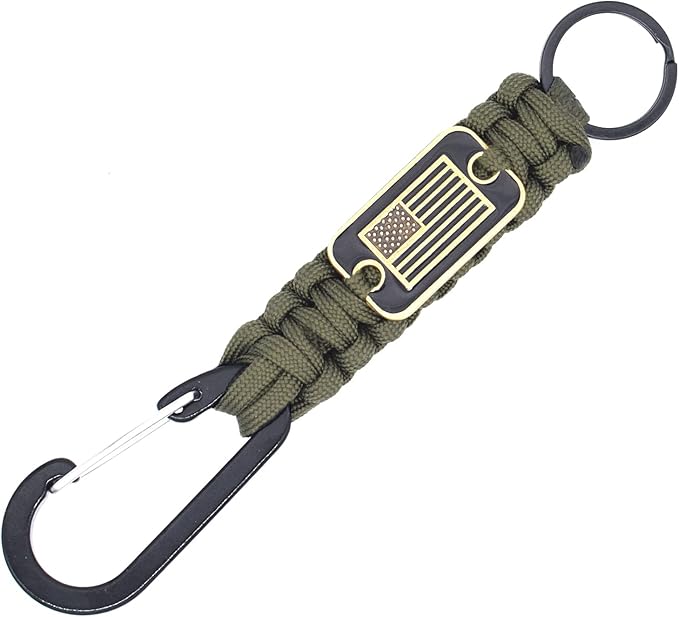 Paracord Keychain with USA Flag, Paracord Carabiner Keychain Clip, Braided Lanyard Utility Ring Hook Outdoor Camping Kit
