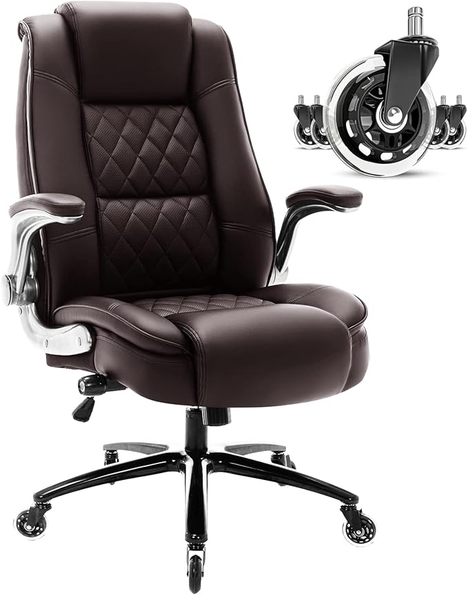 EZAKI High Back Office Chair-Flip-up Arms Executive Computer Desk Chair, Built-in Lumbar Support Thick Padded Adjustable Rock Tension Ergonomic Design for Back Pain (Brown)