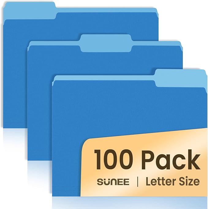 SUNEE File Folders Letter Size Blue, 100 Pack Manilla Folders 8.5 x 11 1/3-Cut Tabs, Colored File Folders Office Home School for Documents Files Paper