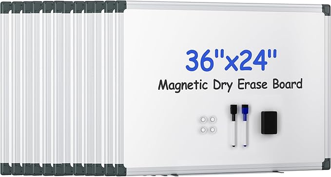 VUSIGN 12PCS Magnetic White Board Kit for Wall 36" x 24", 12 Dry Eraser & 24 Multicolor Markers & 48 Magnetic Pins, Sliver Reinforced Aluminum Frame for Home, School, Office