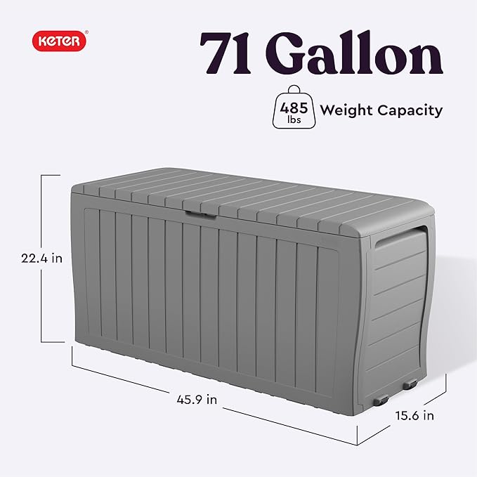 Keter Marvel Plus 71 Gallon Resin Deck Box-Organization and Storage for Patio Furniture Outdoor Cushions, Throw Pillows, Garden Tools and Pool Floats, Light Grey