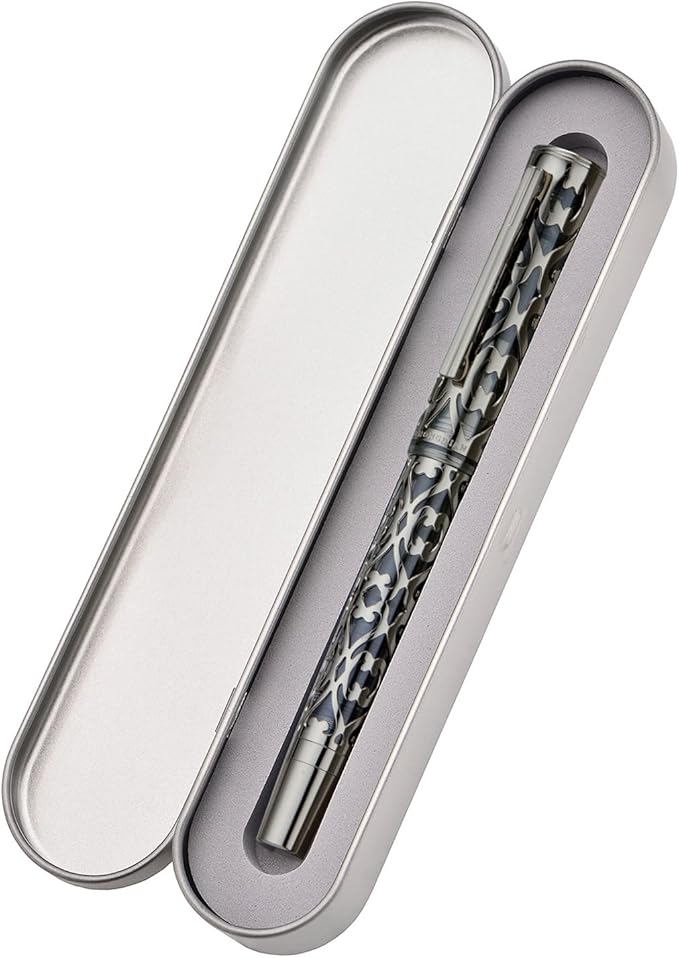 Hongdian D1 Piston Fountain Pen Fine Soft Nib, Jet Black Hollow Skeleton & Resin Pen with Metal Case Set