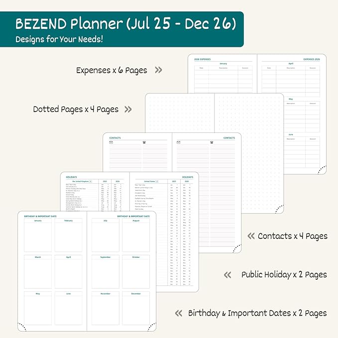 BEZEND Pocket Planner 2025-2026 Weekly with 2 Columns, 18-Month Academic Calendar (Jul 25-Dec 26), Life Work Appointment, Storage Pocket, Pen Holder, PU Leather Hardcover 3.5" x 6" - Dutch Blue