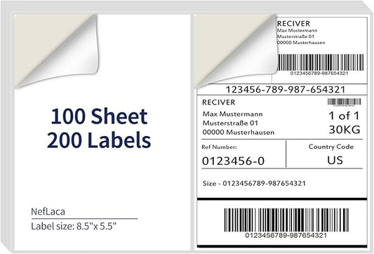 8.5 x 5.5 Half Sheet Shipping Labels for Laser and Inkjet Printers, 2 Per Page Self Adhesive Mailing Labels, White Blank Labels [100 Sheet 200 Labels]
