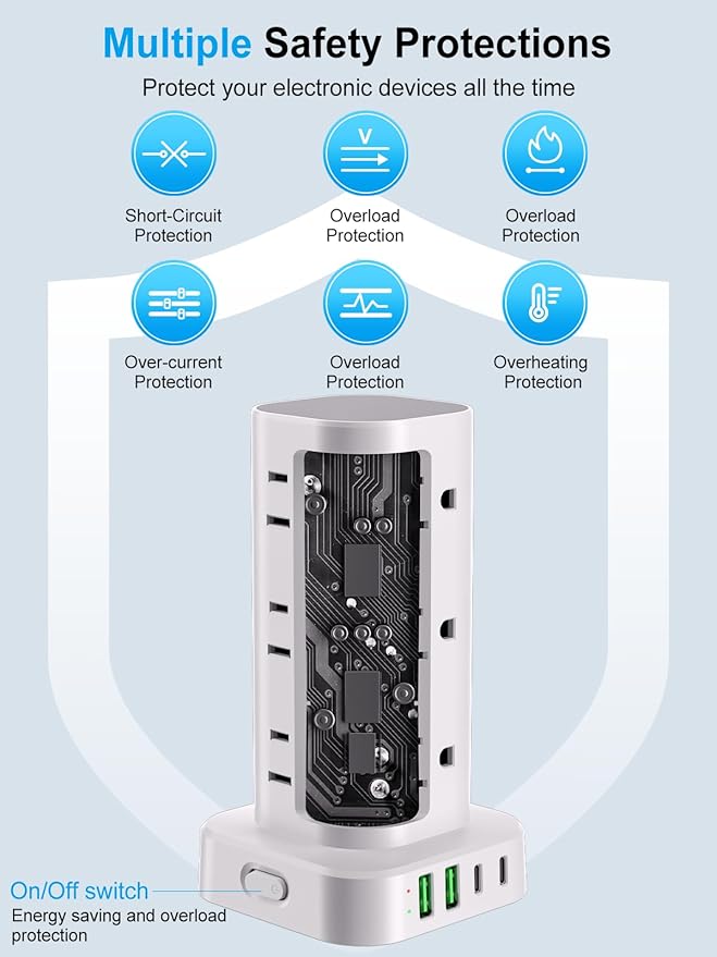 Power Strip Tower with Multiple Outlets, Flat Plug Surge Protector Tower Extension Cord with 12 AC Outlets 4 USB Ports (2 USB C), 6FT Cord Power Tower Surge Protector for Home Office Dorm Room, White