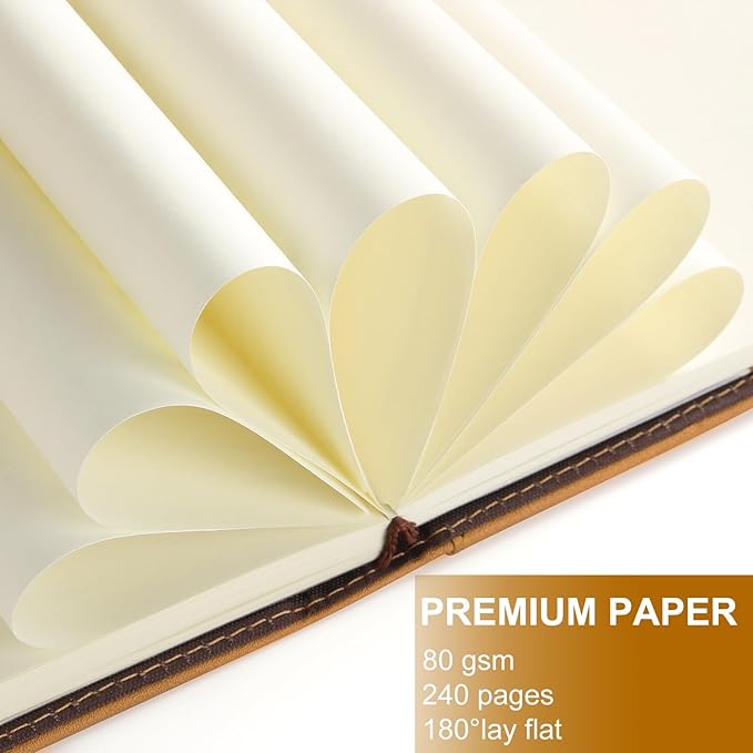 A5 Blank Journal Notebook, Refillable Hardcover Leather Sketchbook with Pocket and Magnetic Buckle, 240 Pages Thick Travel Sketchbooks for Drawing and Writing, 80gsm Unlined Journal for Men and Women