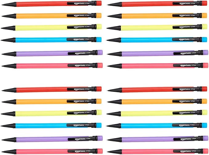 Amazon Basics Mechanical Pencils 0.7mm For Writing, Drawing, Bulk Office and School Supplies, Multicolor, 24-Pack