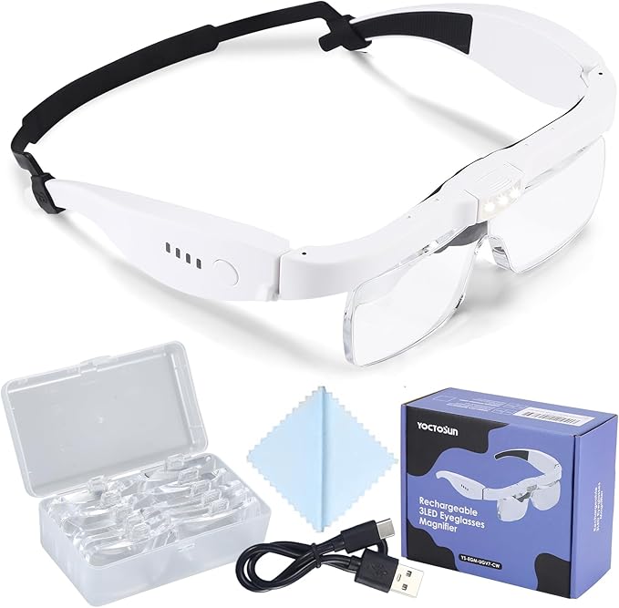 YOCTOSUN Head Magnifier Glasses with 3 LED Lights and Detachable Lenses 0.75X, 1.25X,2.0X, 3.0X and 4.0X, USB Charging Eyeglasses Magnifier, Magnifying Glasses with Light for Close Work Hobby Crafts