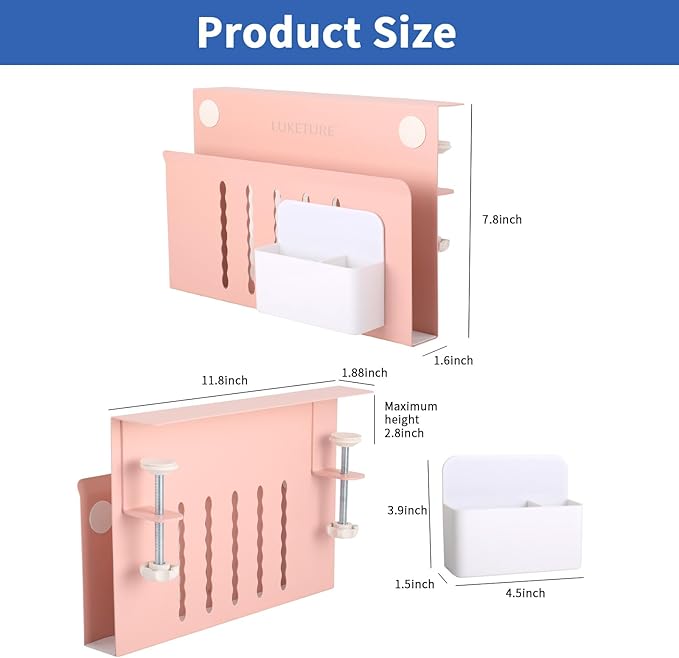 LUKETURE Desk Side Storage, Steel Side Desk Organizer, No Drill Laptop Holder, Clamp on Laptop Mount with Pen Holder, Table Hanging Storage for Home Office, Fits Flat Edge Tables 0.3" to 2.8"
