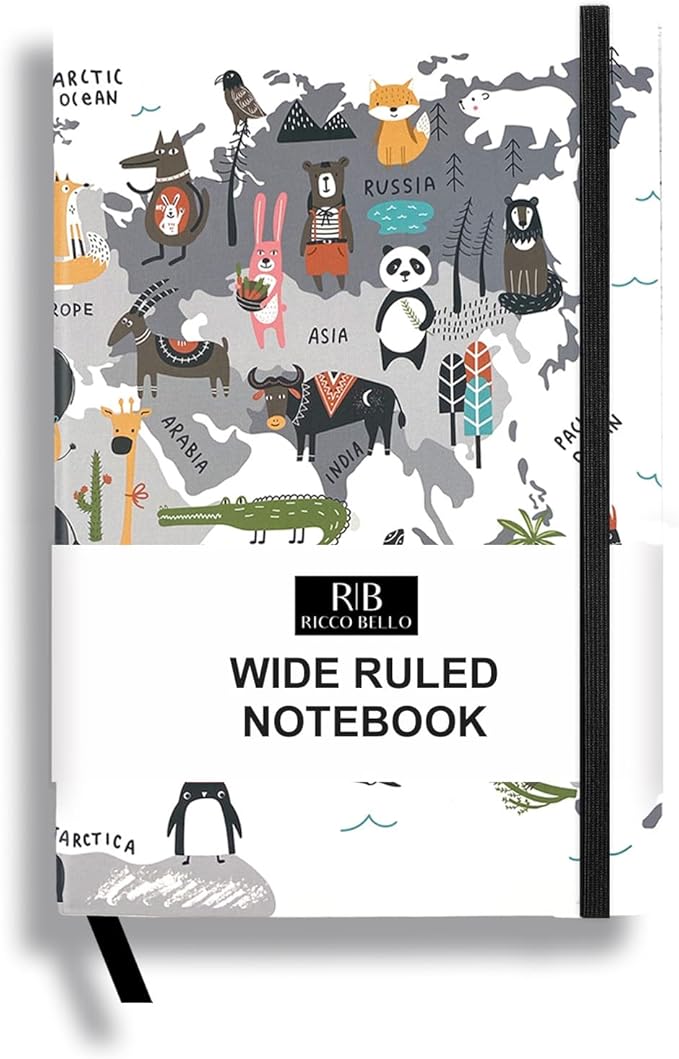 RICCO BELLO Wide Ruled Hardcover Diary Journal School Notebook for Kids, Tweens - Bookmark, Band Closure, Storage Pocket, 5.7 x 8.4 Inches, 192 Pages, (Animal World)