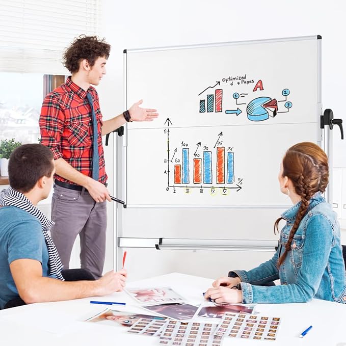 VIZ-PRO Double-Sided Mobile Whiteboard, 48 x 48 Inches, Magnetic Rolling Dry Erase White Board on Wheels with Aluminium Frame and Stand