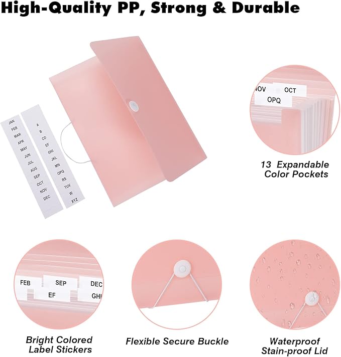 Expanding File Folder A4,13 Pockets File Organiser with Colored Tags, Paperwork A4 Plastic Wallet Document Storage Expander for School,Office and Home, Pink