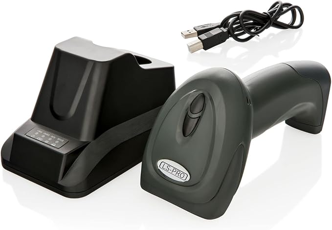 Wireless Barcode Scanner with USB Cradle Receiver Charging Base, 2.4GHz Handheld 1D Cordless Laser Barcode Reader, UP to 150Ft Transmission Range, long-life Battery 2200mAh, 1 Year Warranty.