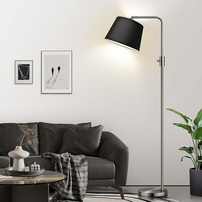 【Upgraded】 Dimmable Floor Lamp, 1000 Lumens LED Edison Bulb Included, Brushed Nickel Arc Floor Lamps Modern Standing Lamp with Black Shade, Tall Lamps for Living Room Bedroom