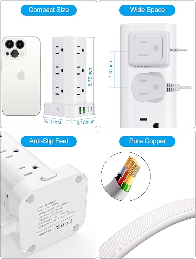 Power Strip Tower with Multiple Outlets, Flat Plug Surge Protector Tower Extension Cord with 12 AC Outlets 4 USB Ports (2 USB C), 10FT Cord Power Tower Surge Protector for Home Office Dorm Room, White